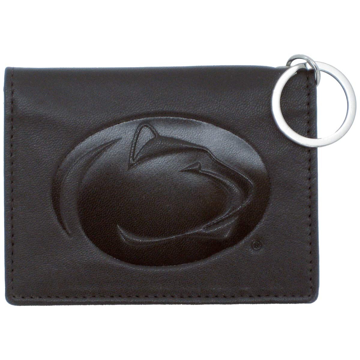 brown leather ID holder with Penn State Athletic Logo and key ring